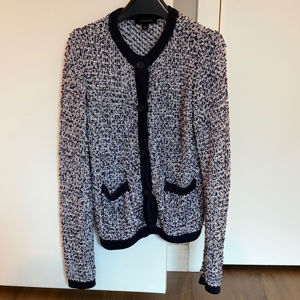 Ann Taylor Navy and White Knit Cardigan with Purple Thread | Size Small